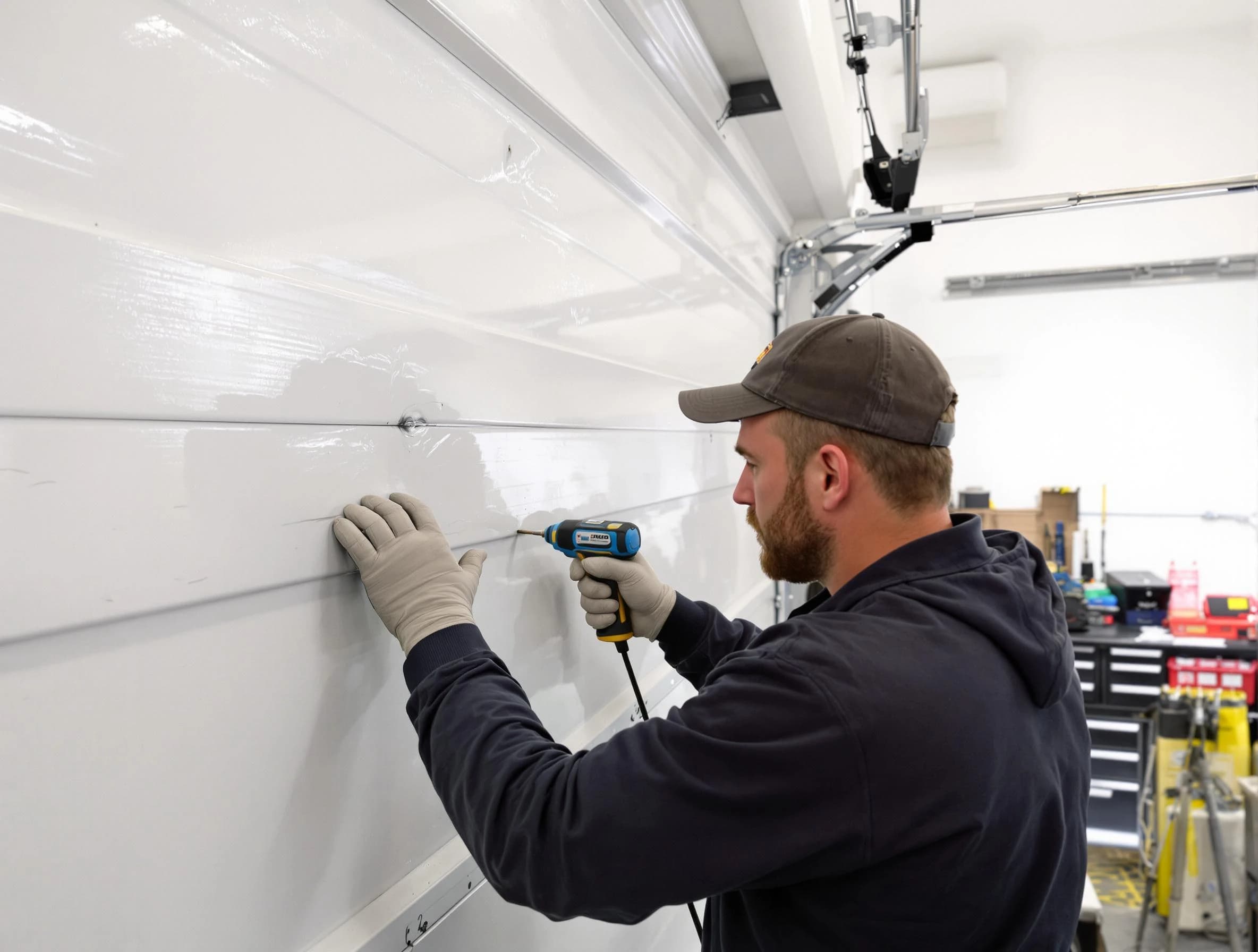 Easton Garage Door Repair technician demonstrating precision dent removal techniques on a Easton garage door